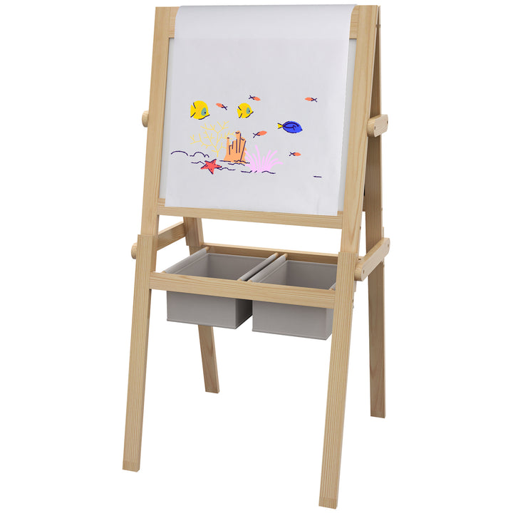 AIYAPLAY Kids Easel with Paper Roll, 3 in 1 Art Easel for Toddlers, Double-Sided Kids Whiteboard Blackboard w/ Storage Baskets, 3-6 Years | Aosom UK