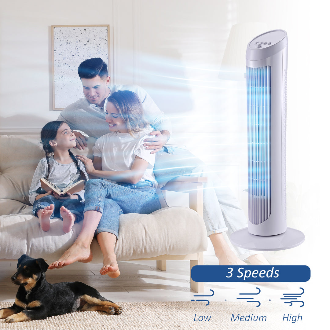 HOMCOM Oscillating Tower: 30-Inch Fan with 3 Speeds, Ultra-Slim Design for Efficient Cooling, Low Noise, White | Aosom UK