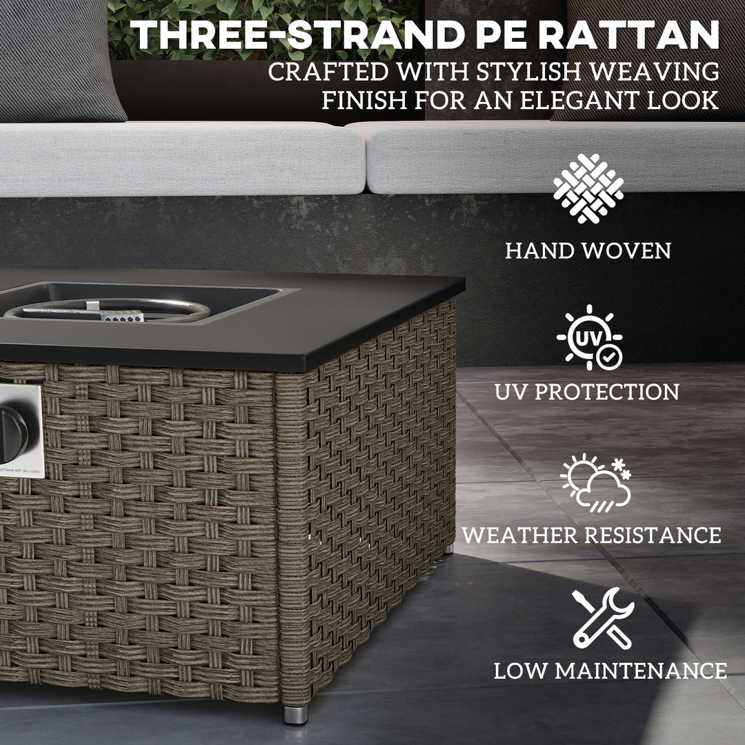 Rattan Gas Fire Pit Table for Garden, 13 KW Smokeless Propane Fire Pit with Lid, Square Garden Coffee Table with Patio Heater for Outdoor, Patio, 58 x 58 x 33 cm, Grey