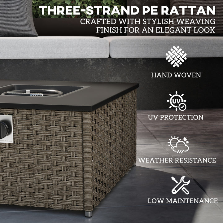 Rattan Gas Fire Pit Table for Garden, 13 KW Smokeless Propane Fire Pit with Lid, Square Garden Coffee Table with Patio Heater for Outdoor, Patio, 58 x 58 x 33 cm, Grey