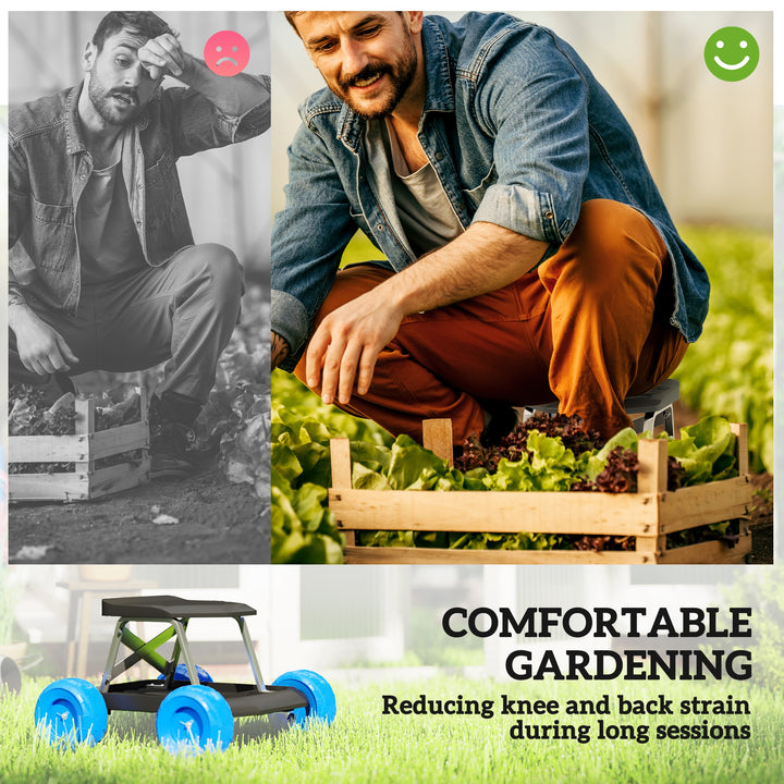 Garden Cart with Wheels, Garden Stool Trolley with Tool Tray, Rolling Garden Seat for Weeding, Planting, Blue