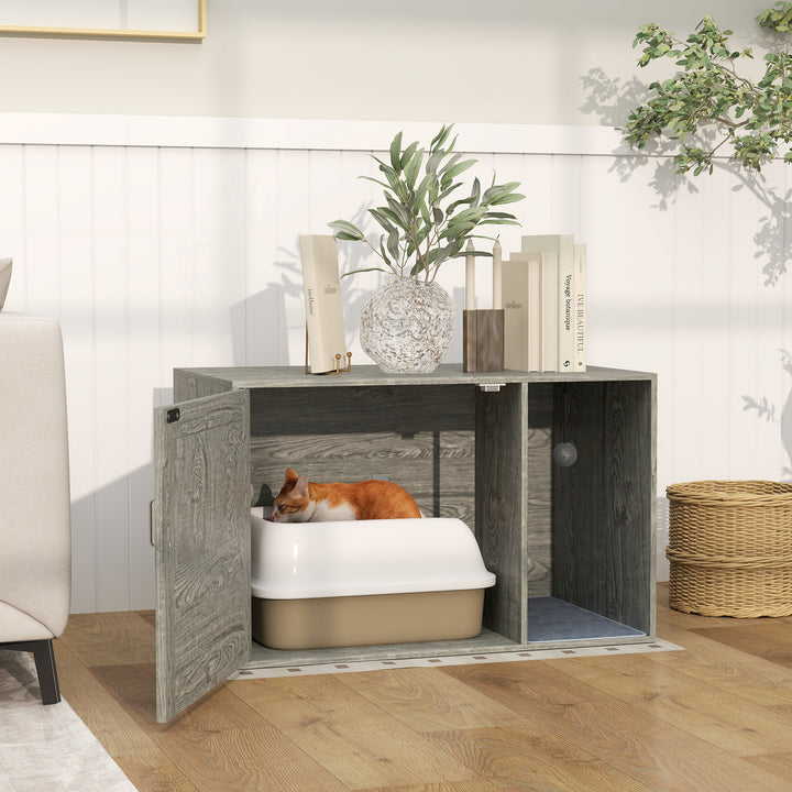 Cat Litter Box Enclosure with Rattan Door, Scratching Mat, Toy Ball, Non-Slip Foot Pads, Grey