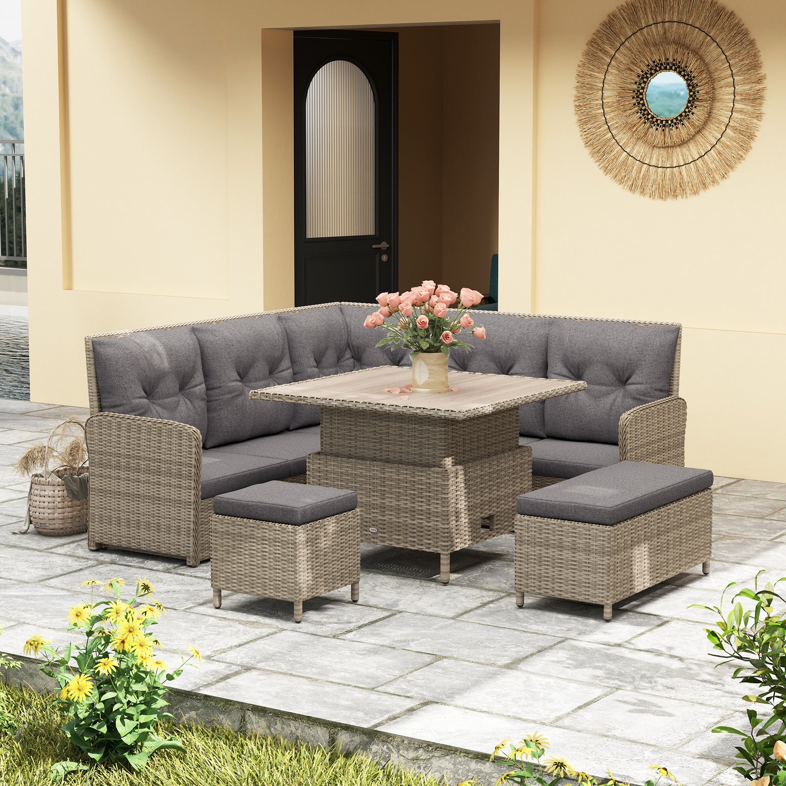 6 Pieces Outdoor PE Rattan Garden Furniture, Patio Wicker Sectional Conversation Corner Sofa w/ Soft Padded Cushion & Liftable Coffee Table, Light Grey