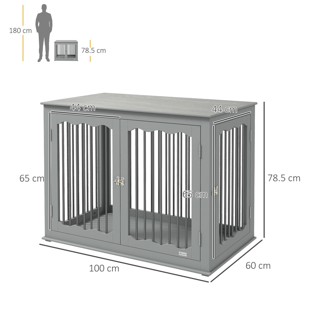 Dog Crate, End Table, with Three Doors, Locks, Latches for Large Dogs, Indoor Use - Grey