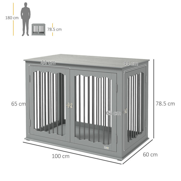 Dog Crate, End Table, with Three Doors, Locks, Latches for Large Dogs, Indoor Use - Grey