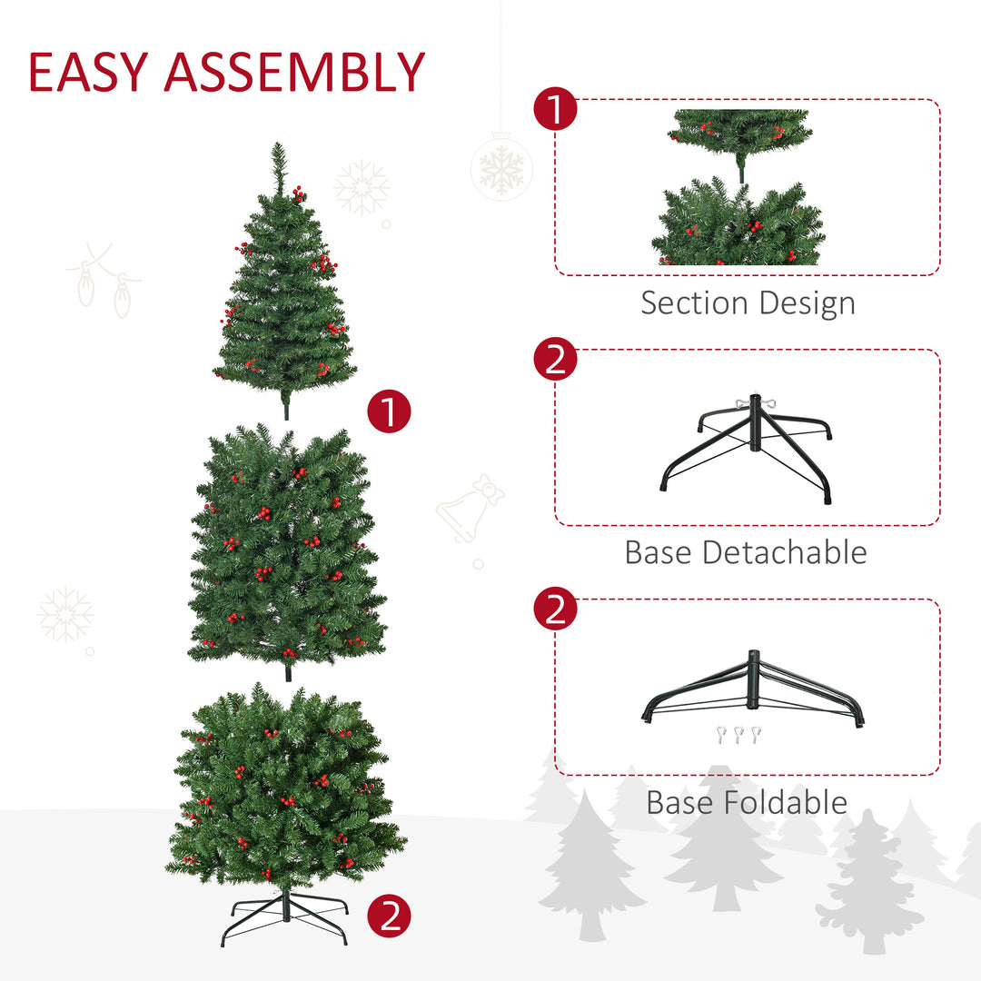 HOMCOM 7FT Prelit Artificial Pencil Christmas Tree with Warm White LED Light, Red Berry, Holiday Home Xmas Decoration, Green | Aosom UK