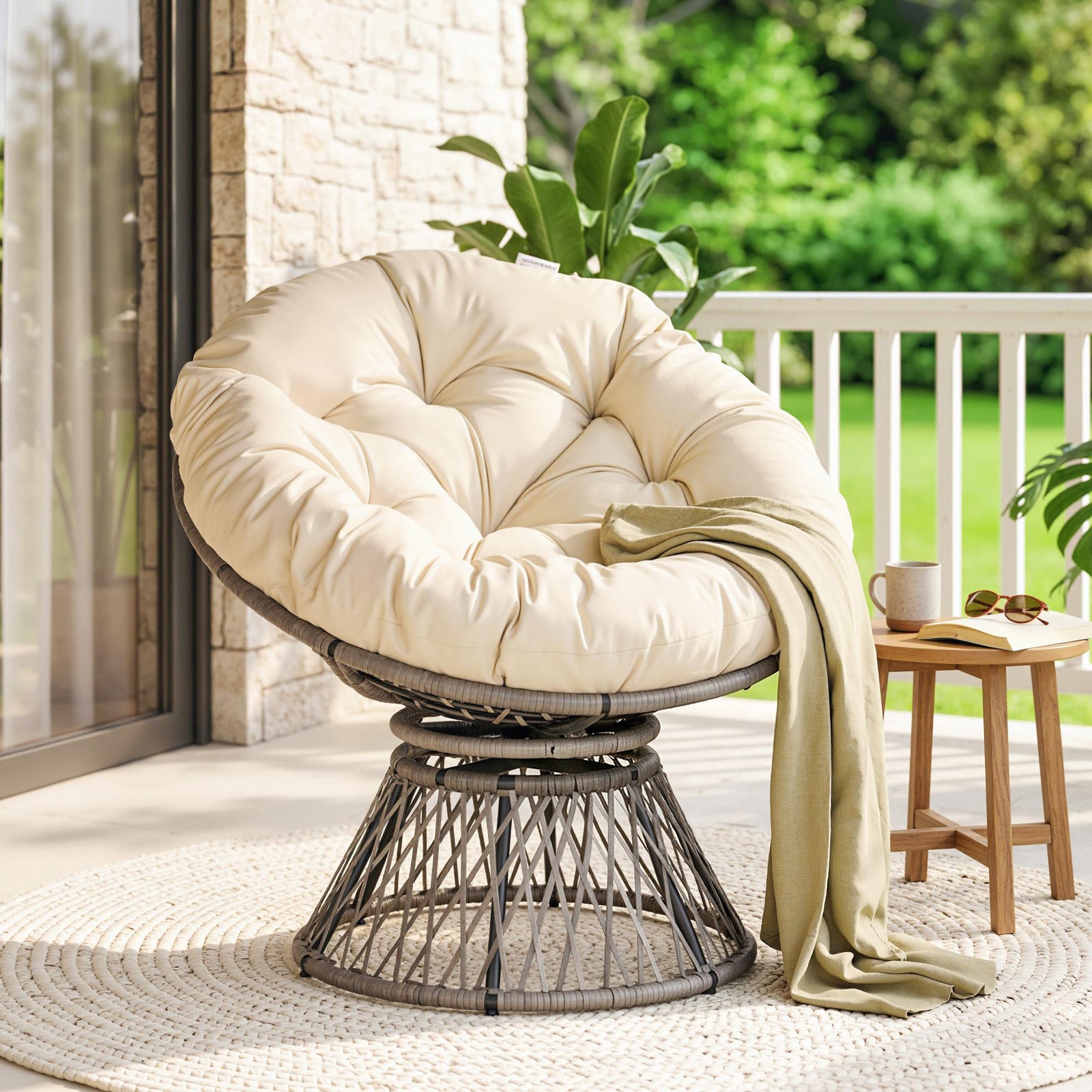 360° Swivel Rattan Moon Bowl Chair Round Lounge Garden Wicker Basket S