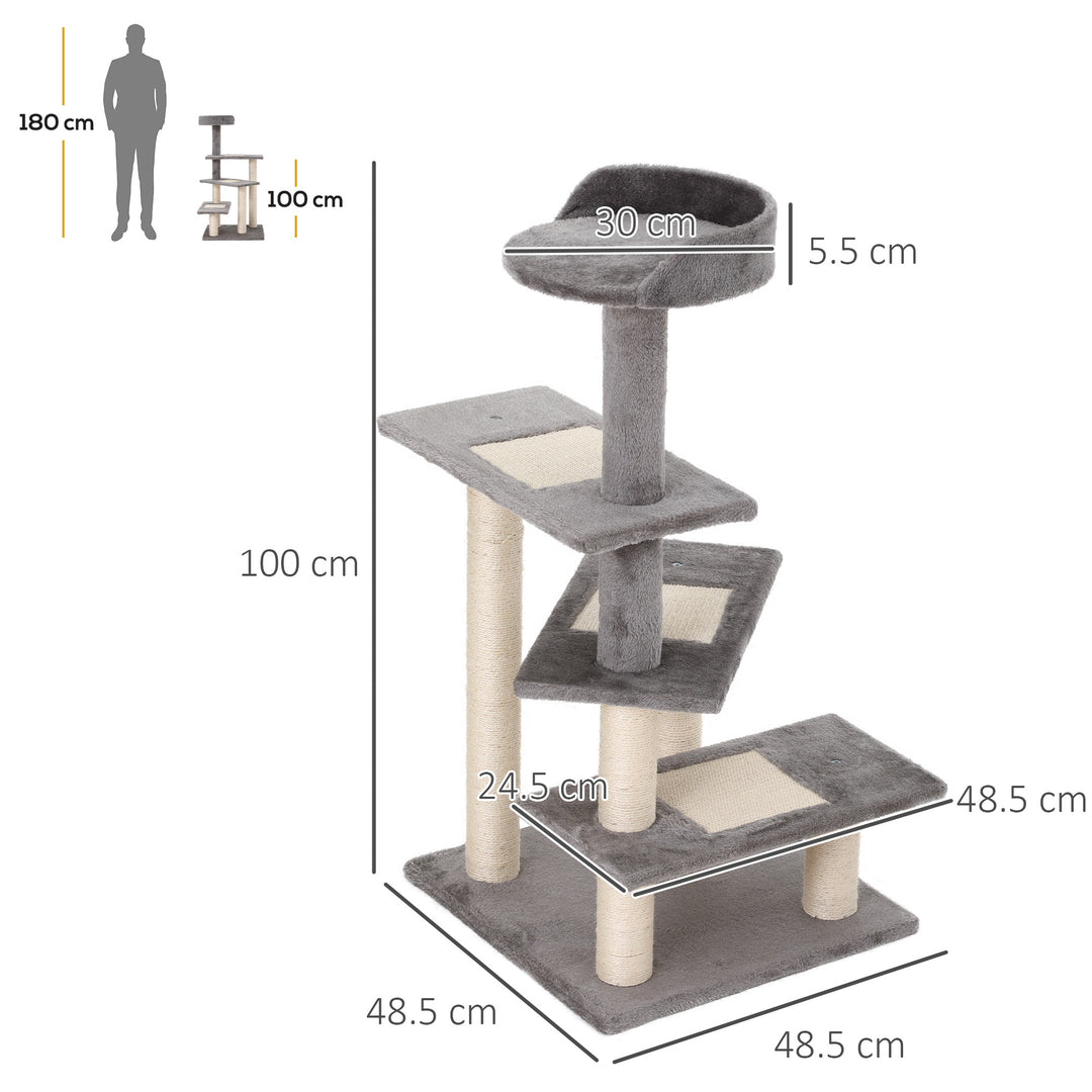 PawHut 100cm Cat Tree Uk Cat Tower Cat Tree for Large Cats, Solid Particle Board for Long Term Use, Beige & Grey | Aosom UK