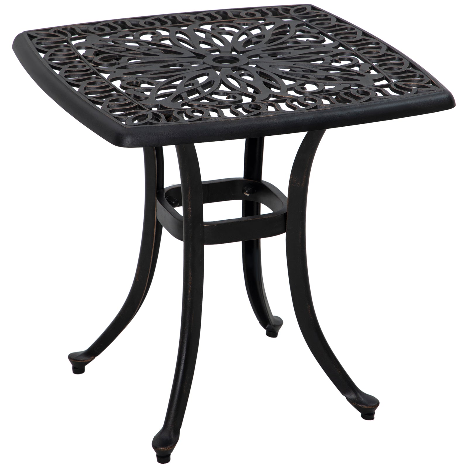 Cast Aluminium Bistro Table, Outdoor Square Side Table with Umbrella Hole, Garden Table for Balcony, Bronze Tone