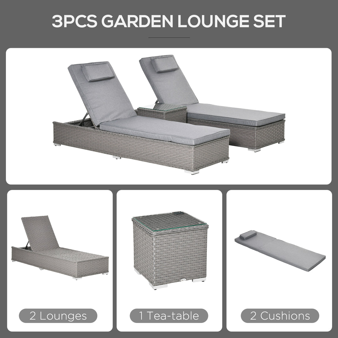 3 Pieces Rattan Sun Lounger Set with Aluminium Frame, 5-Position Adjustable Reclining Garden Chairs and Glass Top Table, Wicker Garden Furniture Daybed with Cushions for Patio, Grey