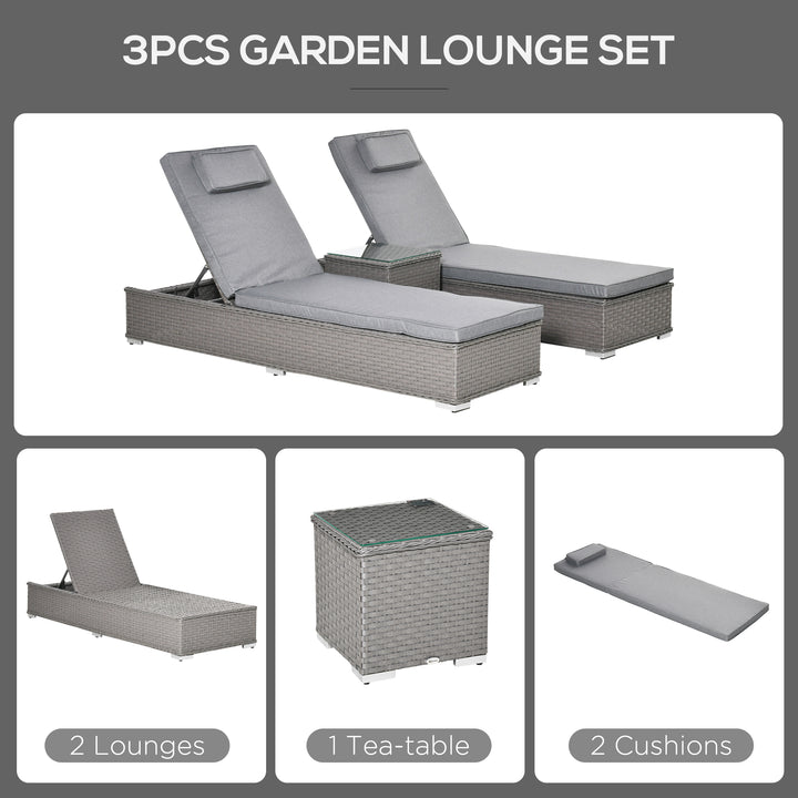 3 Pieces Rattan Sun Lounger Set with Aluminium Frame, 5-Position Adjustable Reclining Garden Chairs and Glass Top Table, Wicker Garden Furniture Daybed with Cushions for Patio, Grey