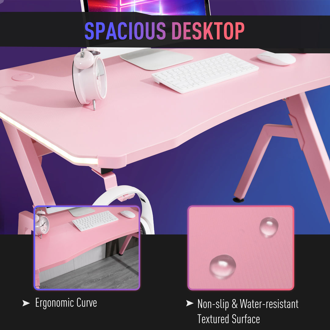 RGB 120 x 66cm Gaming Desk, Computer Table with Carbon Fibre Surface, Headphone Hook, Cup Holder, Controller Rack, Home Office Desk, Pink