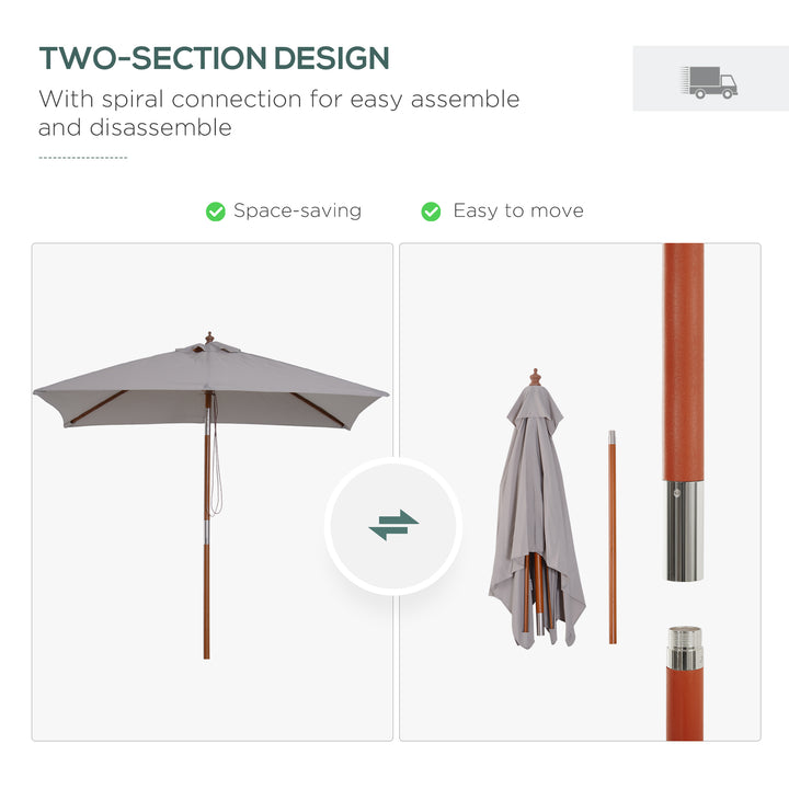 Outsunny 2m x 1.5m Garden Parasol Umbrella with Tilting Sunshade Canopy, Outdoor Market Table Umbrella with Wood and Bamboo Frame, Grey