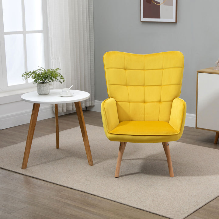 Modern Accent Chair HOMCOM Velvet-Touch Tufted Wingback Armchair Upholstered Leisure Lounge Sofa Club Chair with Wood Legs, Yellow | Aosom UK