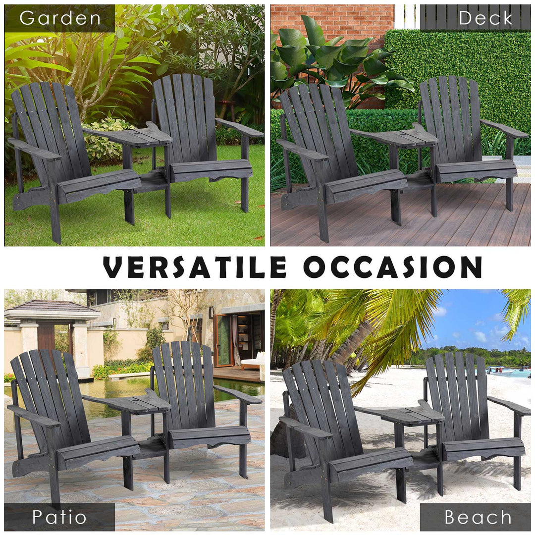 MCL Wooden Outdoor Double Adirondack Chairs Loveseat w/ Centre Table and Umbrella Hole, Garden Patio Furniture for Lounging and Relaxing, Dark Grey