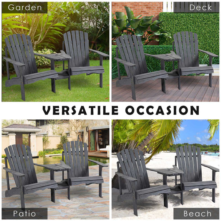 Wooden Outdoor Double Adirondack Chairs Loveseat w/ Centre Table and Umbrella Hole, Garden Patio Furniture for Lounging and Relaxing, Dark Grey