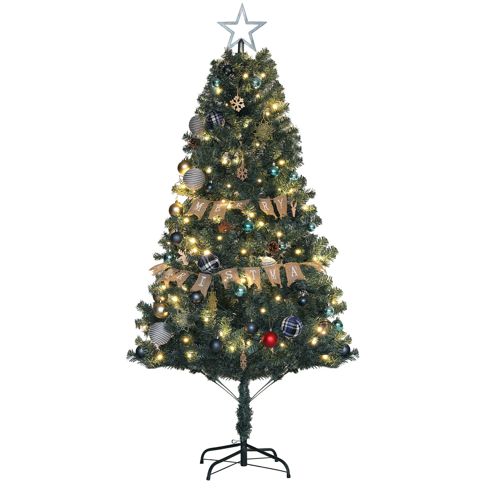 6ft Pre-Lit Xmas Tree with Decorations, Green, Blue and Warm White