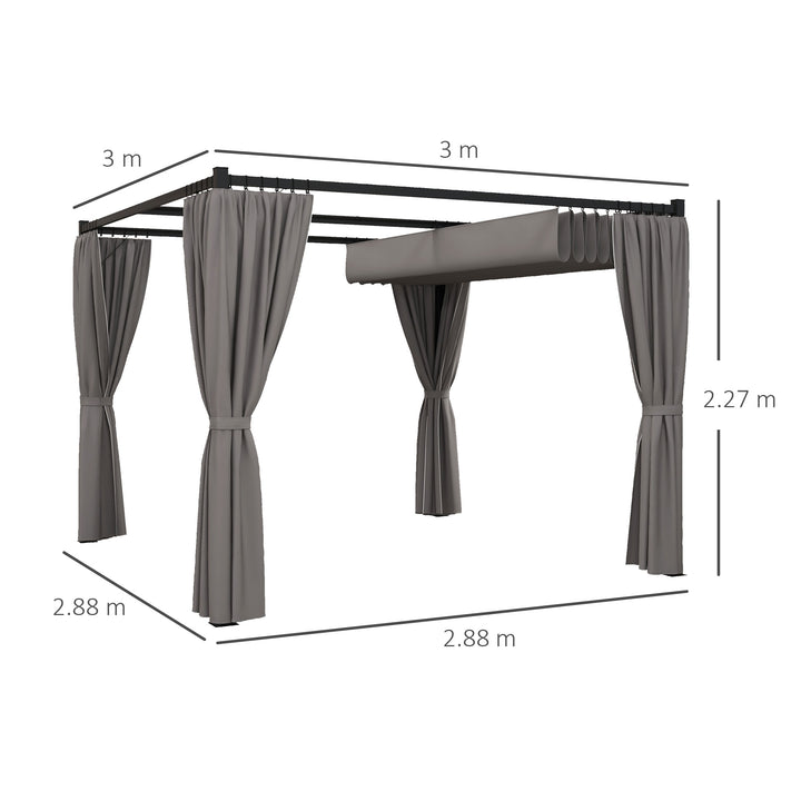 Outsunny 3 x 3(m) Retractable Pergola, Garden Gazebo Shelter with Curtains, for Grill, Patio, Deck, Light Grey