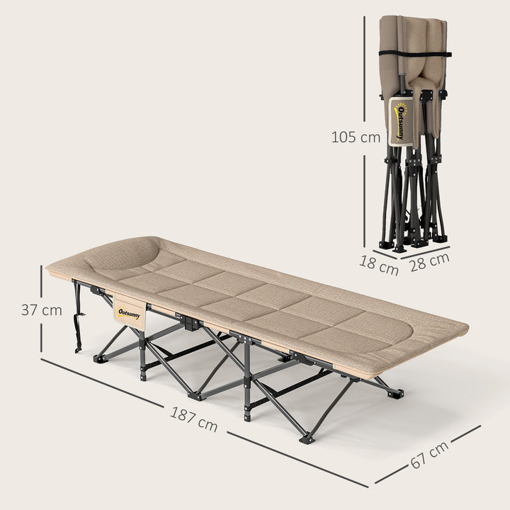 Folding Camping Bed for Adults with Cushion, Heavy Duty Portable Travel Camping Cot with Headrest, Side Pocket and Non-Slip Foot Pads for Outdoor Beach Travel Office, Khaki