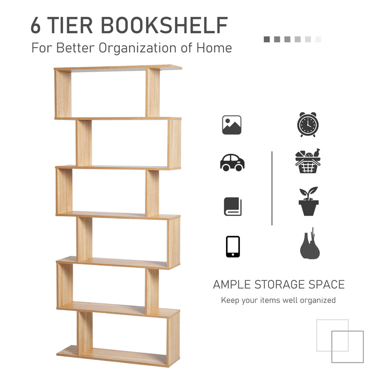 Bookcase, 6 Tier Shelf S Shaped Bookshelf, Storage Unit, Display Shelf for Living Room, Bedroom, Home Office, Plant, Oak