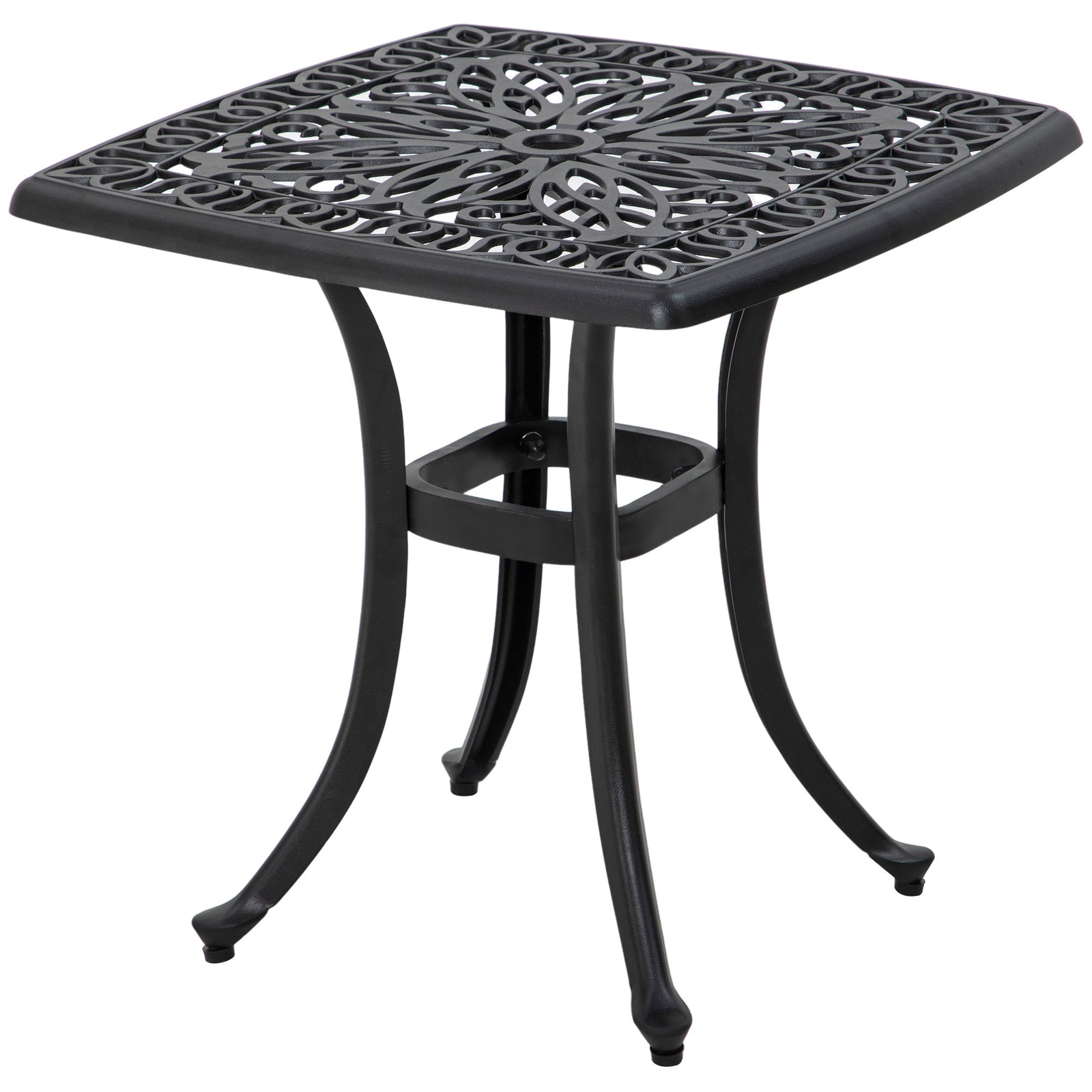 Cast Aluminium Bistro Table, Outdoor Square Side Table with Umbrella Hole, Garden Table for Balcony, Black