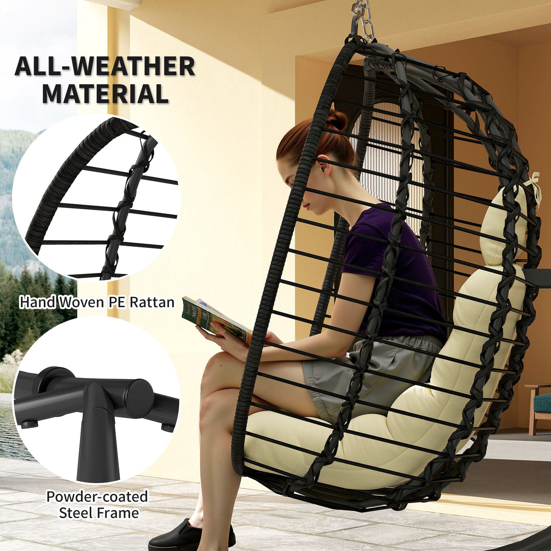 Rattan Hanging Egg Chair, Foldable Wicker Hammock Swing Chair with Cushion, Stand, Adjustable Height, Head Pillow, Steel Frame for Garden Patio Indoor Outdoor, Cream White
