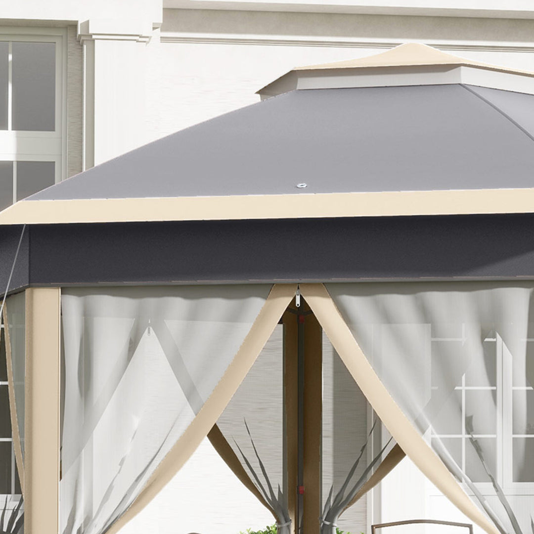 Hexagon Pop Up Gazebo Outdoor Patio Gazebo Double Roof Instant Shelter with Netting, 3 x 4m, Khaki