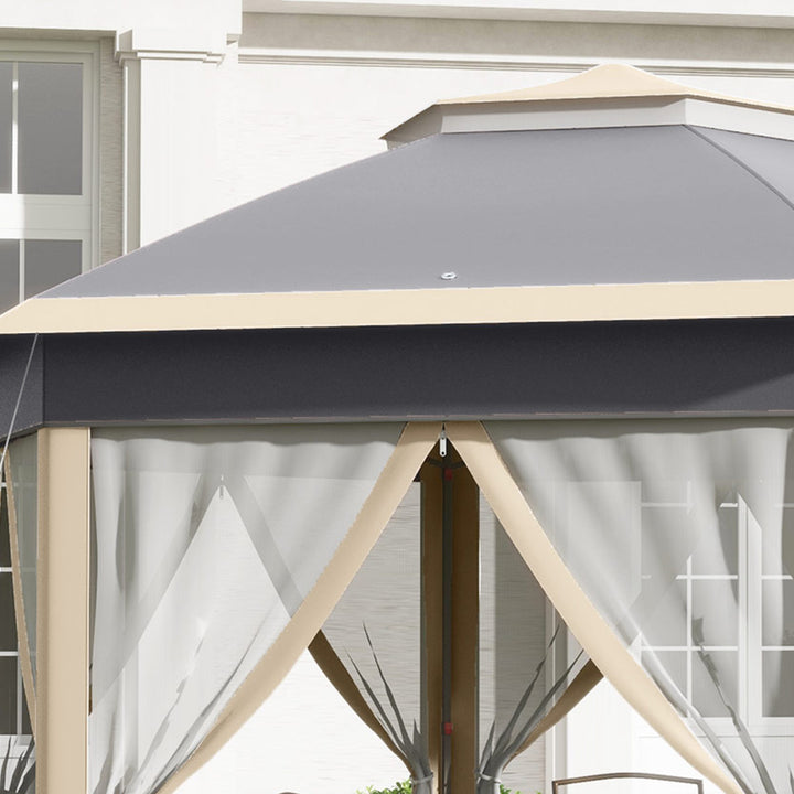 Hexagon Pop Up Gazebo Outdoor Patio Gazebo Double Roof Instant Shelter with Netting, 3 x 4m, Khaki