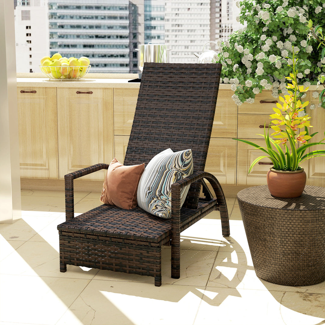Reclining Rattan Lounger, with Extending Footrest - Brown