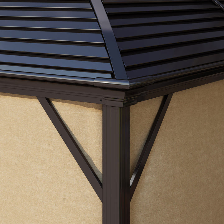 3 x 4m Hardtop Gazebo Canopy with Metal Roof, Aluminium Gazebo Permanent Pavilion with Netting and Curtains, Brown