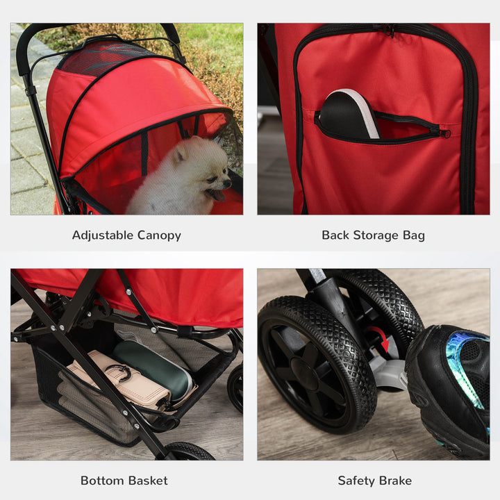 PawHut Pet Stroller Dog Travel Pushchair Foldable Jogger with Reversible Handle EVA Wheel Brake Basket Adjustable Canopy Safety Leash Red | Aosom UK