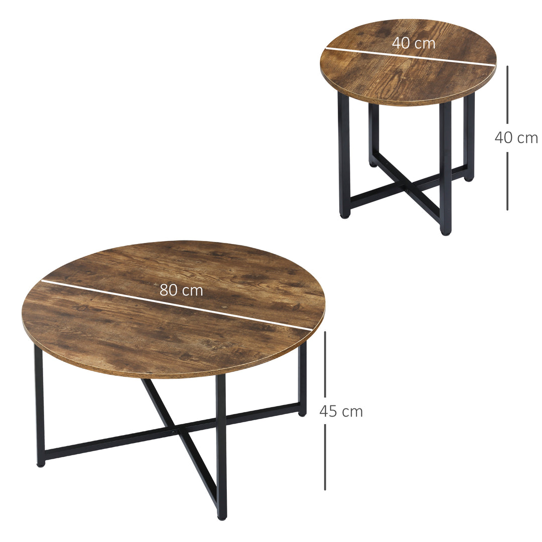MCL Round Coffee Table, Set of 2 Side Table with Metal Frame, Industrial End Table for Living Room Bedroom, Rustic Brown