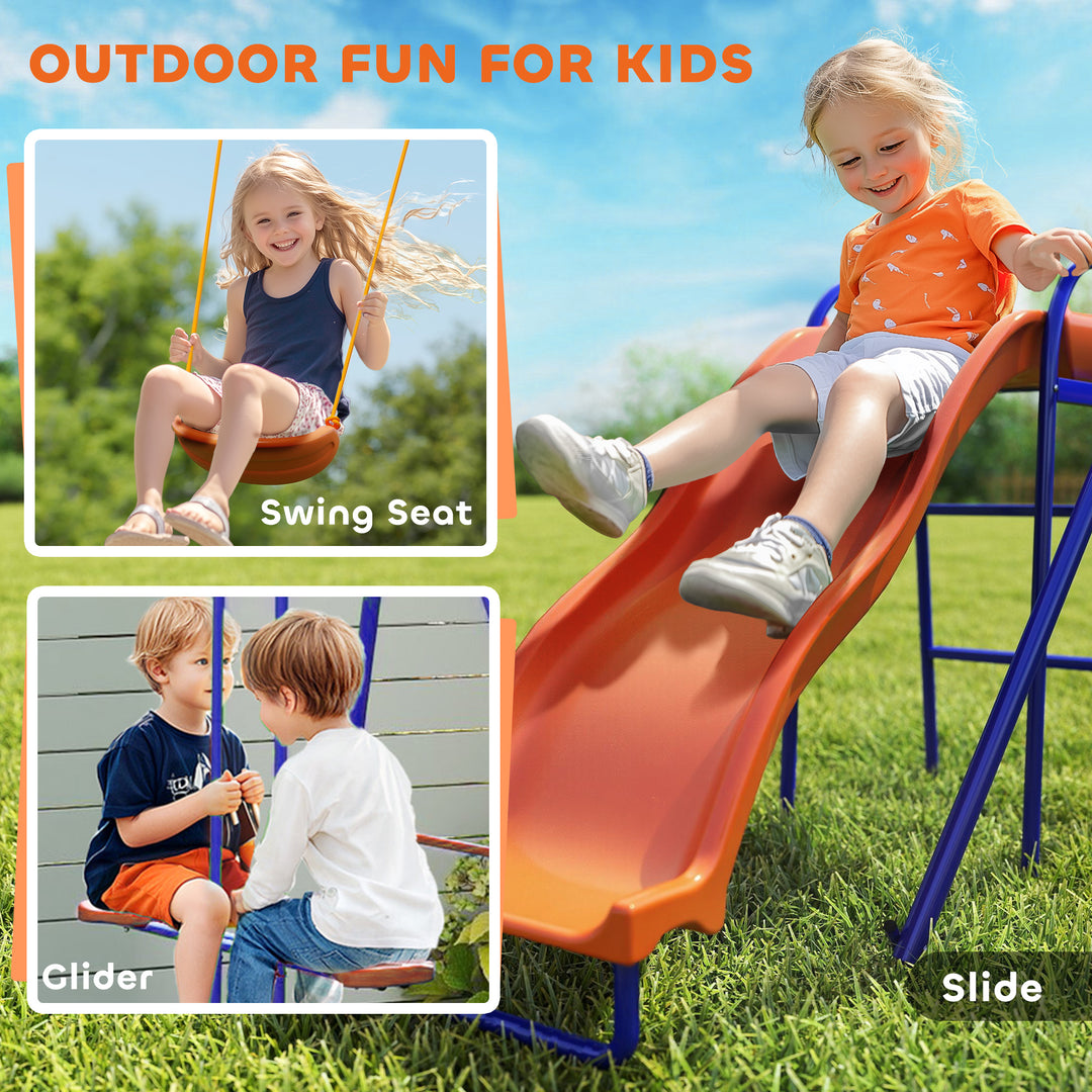 Four-In-One Metal Garden Swing Set, with Double Swings, Glider, Slider, Ladder - Orange and Blue