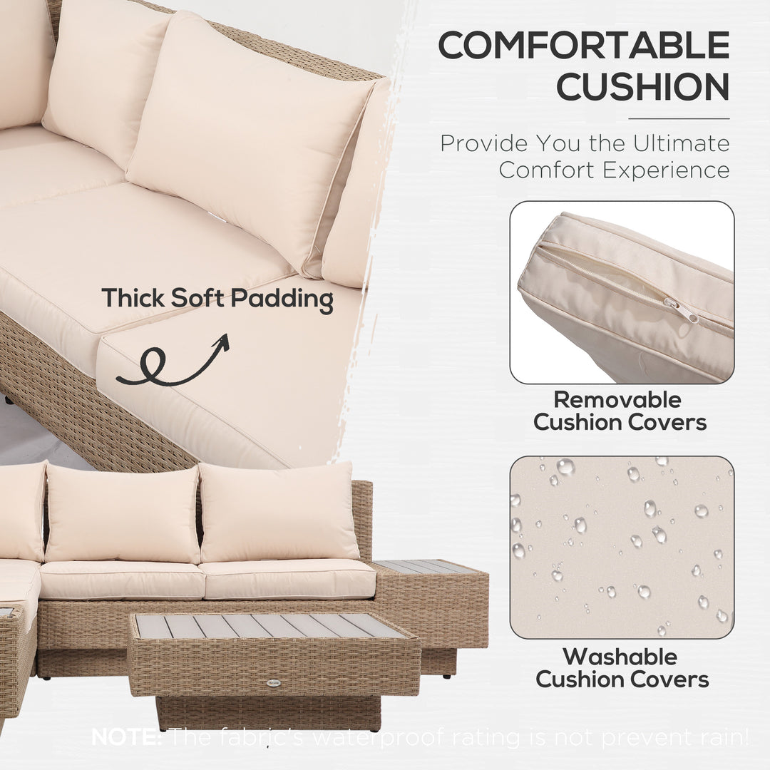 4 Pieces Rattan Garden Furniture Set, Garden Corner Sofa with Side Trays, Wicker Conservatory Furniture Set with Loveseats, Slatted Plastic Top Coffee Table and Cushions, Beige