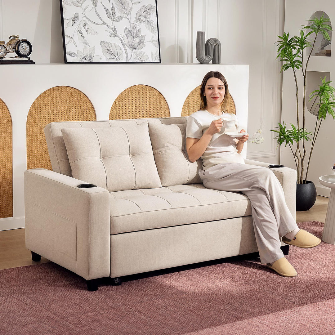 Two-Seater Pull-Out Sofa Bed - Beige