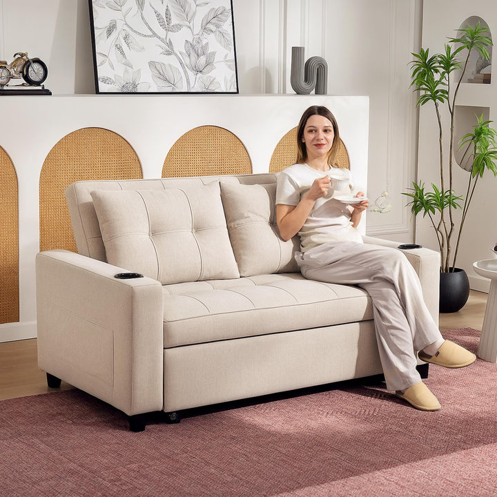 Two-Seater Pull-Out Sofa Bed - Beige