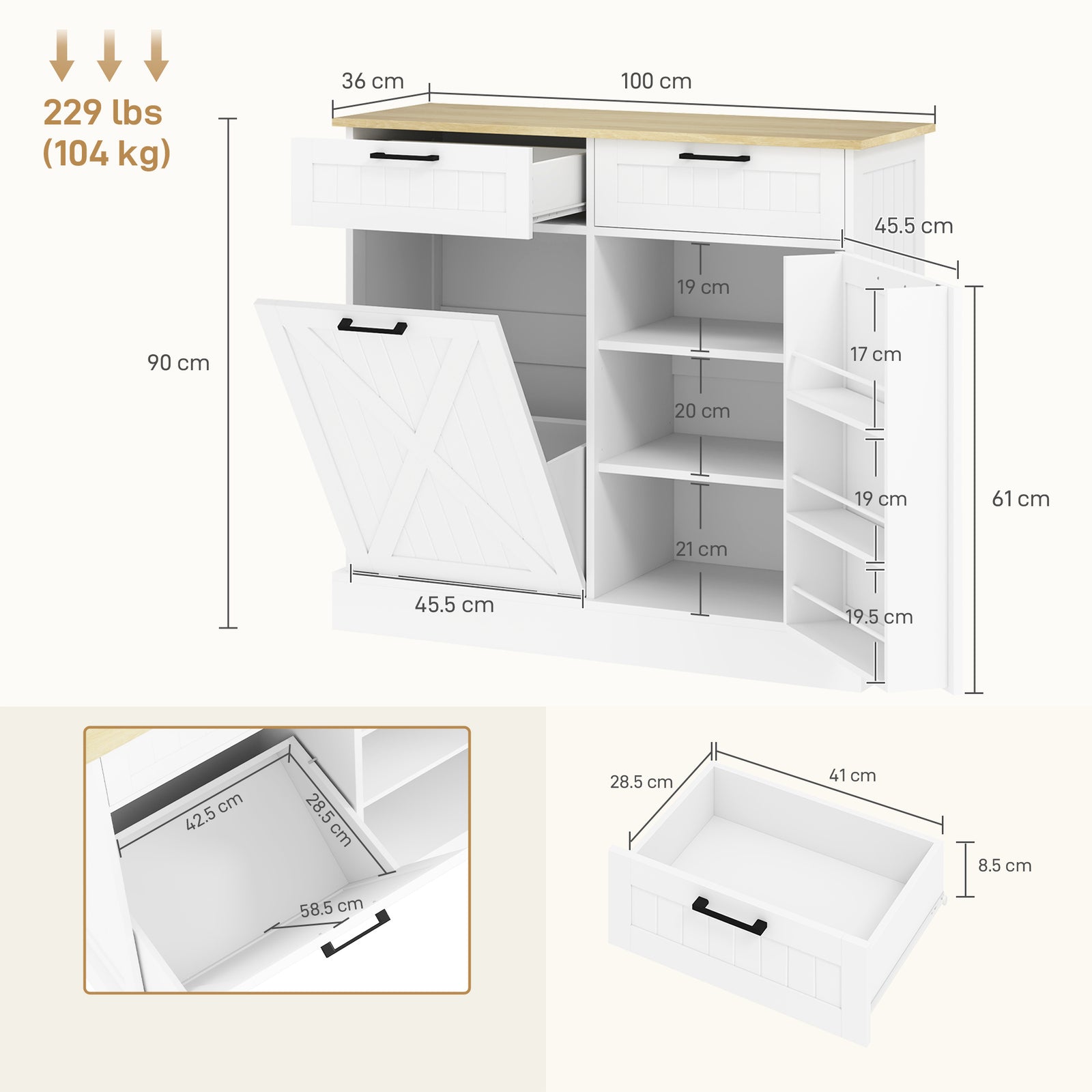 Sideboard with Tilt-out Trash Bin, Farmhouse Kitchen Sideboard with 2 