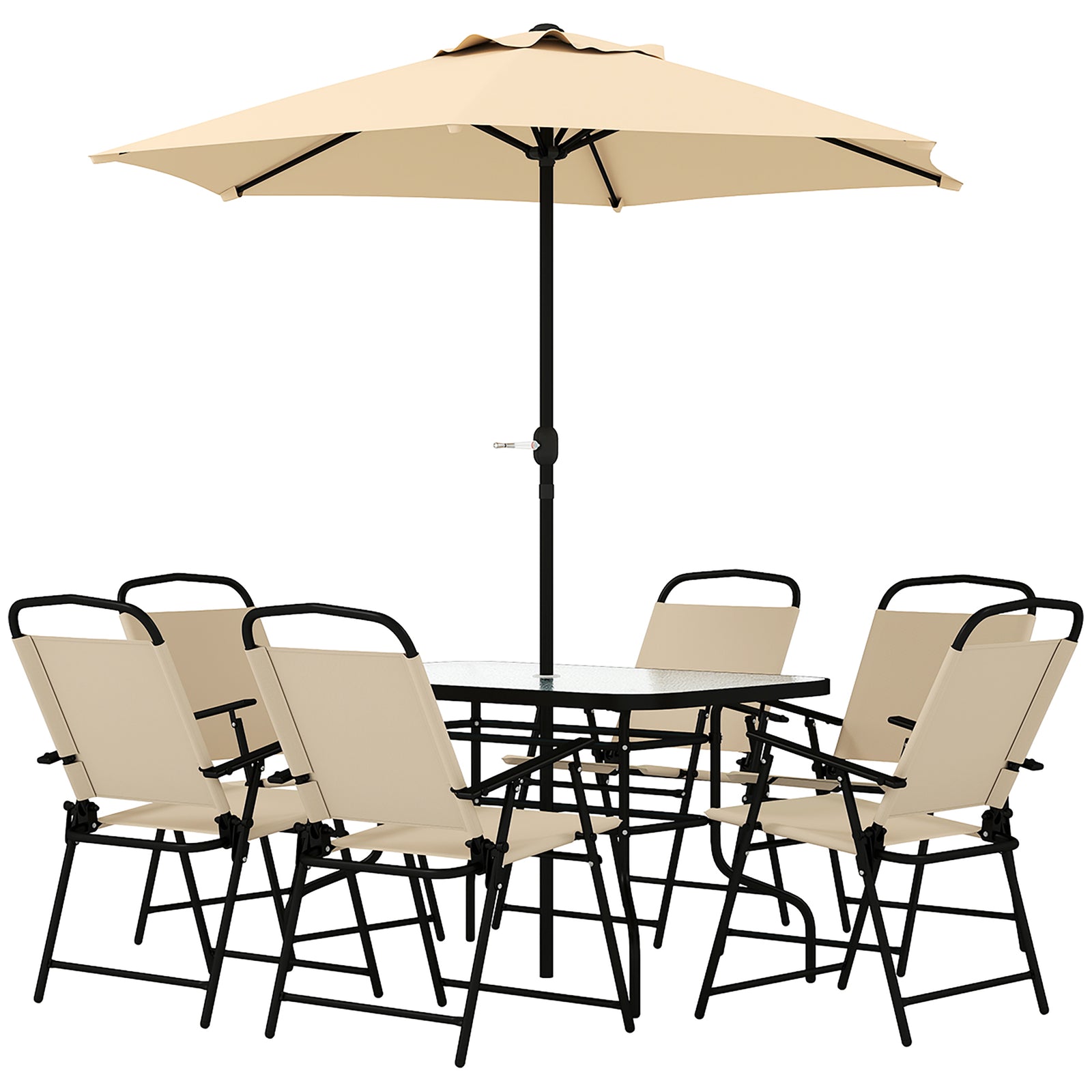 8 Pieces Garden Dining Set with Umbrella, Patio Sets with Parasol with 6 Foldable Chairs, Glass Top Table, and Sun Parasol, Beige