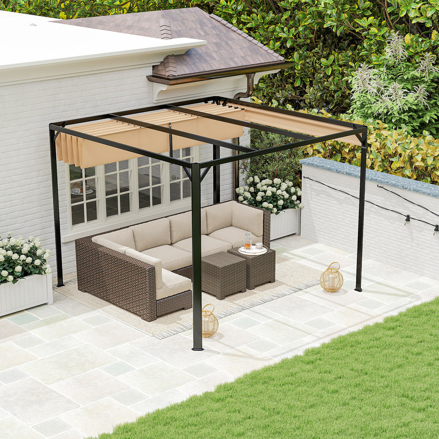 3 x 3m Aluminium Pergola, with Retractable Roof and Wall - Khaki