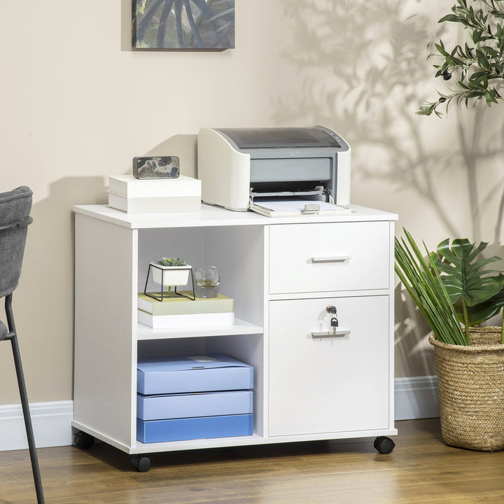 Vinsetto Mobile Filing Cabinet on Wheels, Printer Stand with Open Shelves and Drawers for A4 Documents, White
