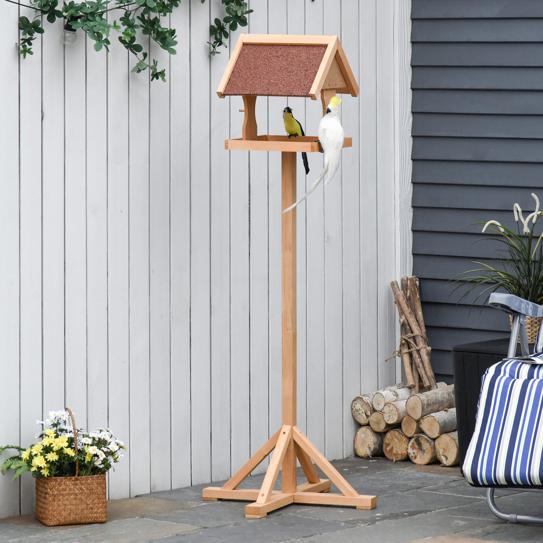 PawHut Bird Feeder Table, Wooden Freestanding Outdoor Feeding Station with Weatherproof Roof, Cross-shaped Base, Natural, 55 x 55 x 144cm | Aosom UK