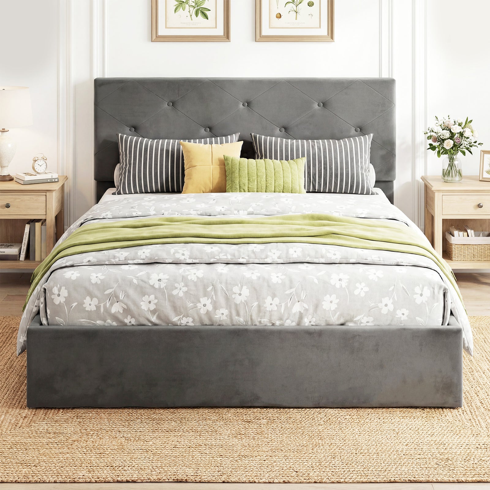 Double Bed Frame Gas End Lift Under Bed Storage Upholstered Platform B
