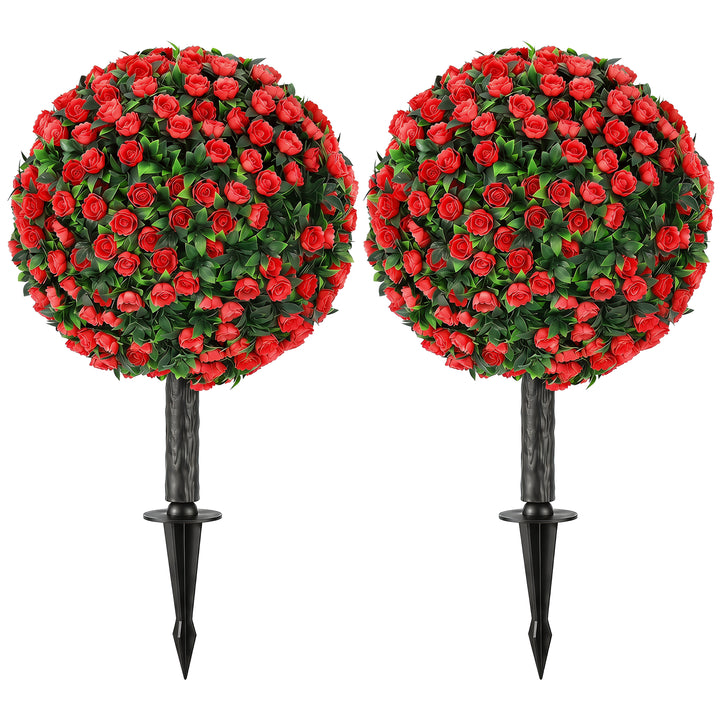Artificial Rose Topiary UV Resistant, 2-Pack Fake Plants, 55 cm, Red