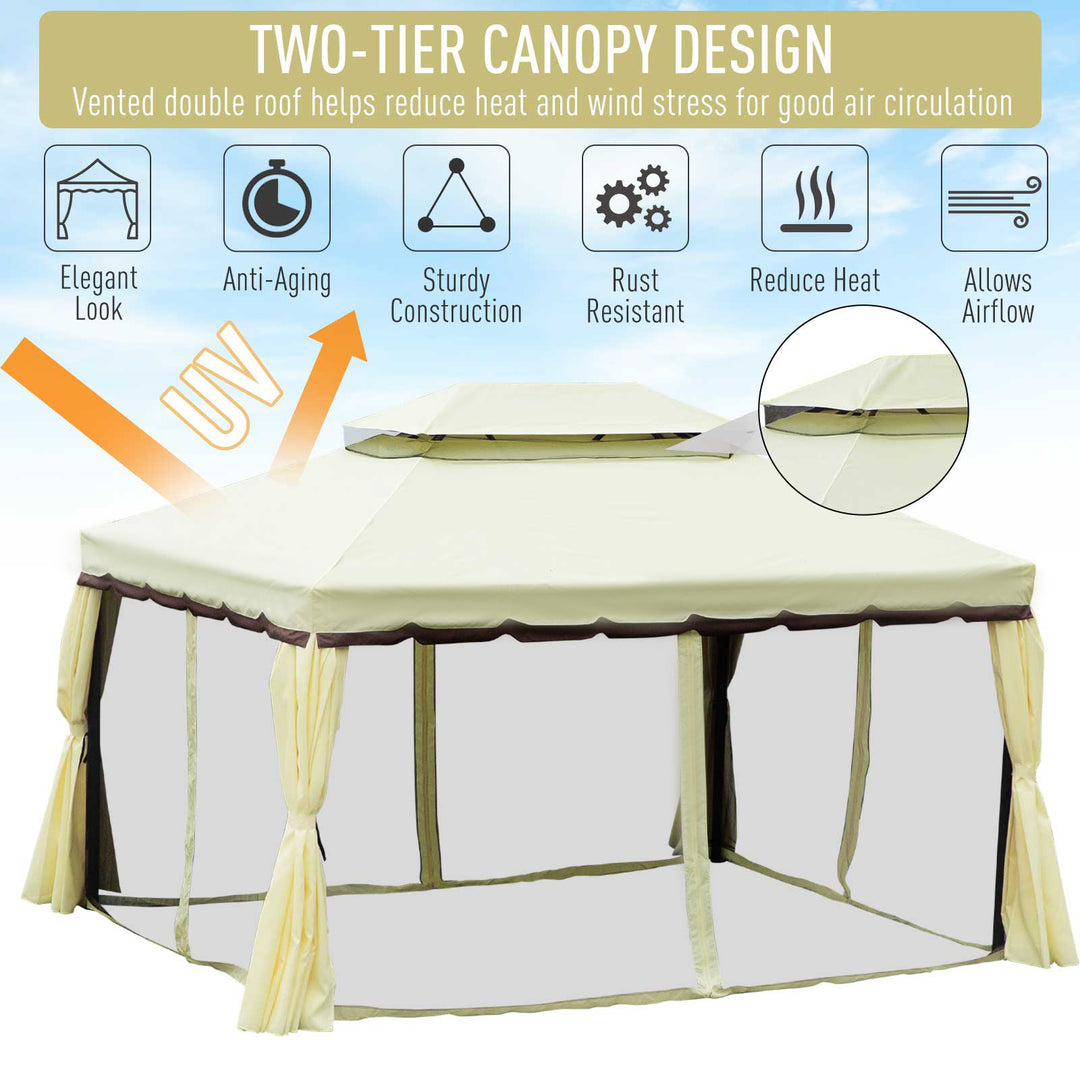 4 x 3 m Aluminum Garden Gazebo, Double Roof Outdoor Gazebo Canopy Shelter with Netting & Curtains for Garden, Lawn, Backyard and Deck, Cream