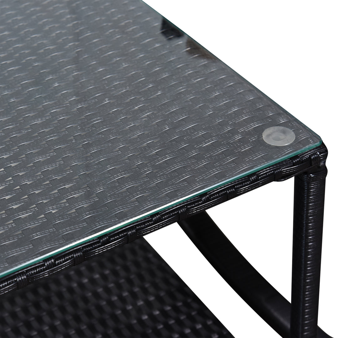 MCL 3 Pieces Rattan Garden Rocking Chair Set, Outdoor Rocking Bistro Set w/ 2 Cushioned Armchair and Glass Top Two-tier Coffee Table, Black