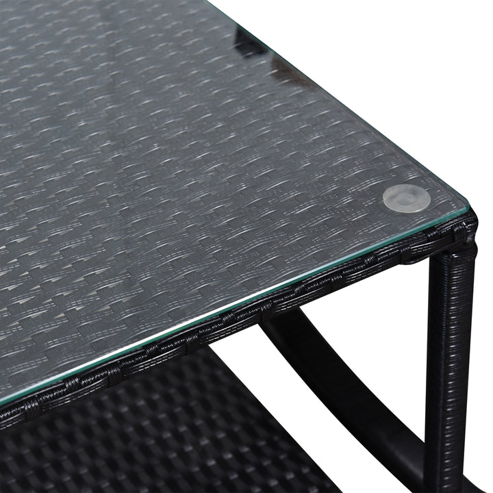 MCL 3 Pieces Rattan Garden Rocking Chair Set, Outdoor Rocking Bistro Set w/ 2 Cushioned Armchair and Glass Top Two-tier Coffee Table, Black