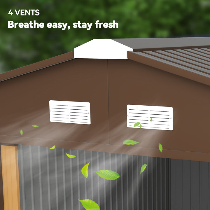 13 x 11ft Metal Garden Shed, Outdoor Storage Tool House with Ventilation Slots, Foundation Kit and Lockable Double Doors, Light Brown