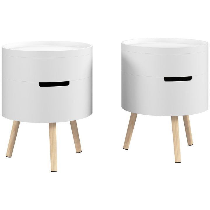 3-Tier Coffee Table, Round End Table with 2 Hidden Compartments and Detachable Tray, Side Table with Storage for Living Room, Set of 2, White