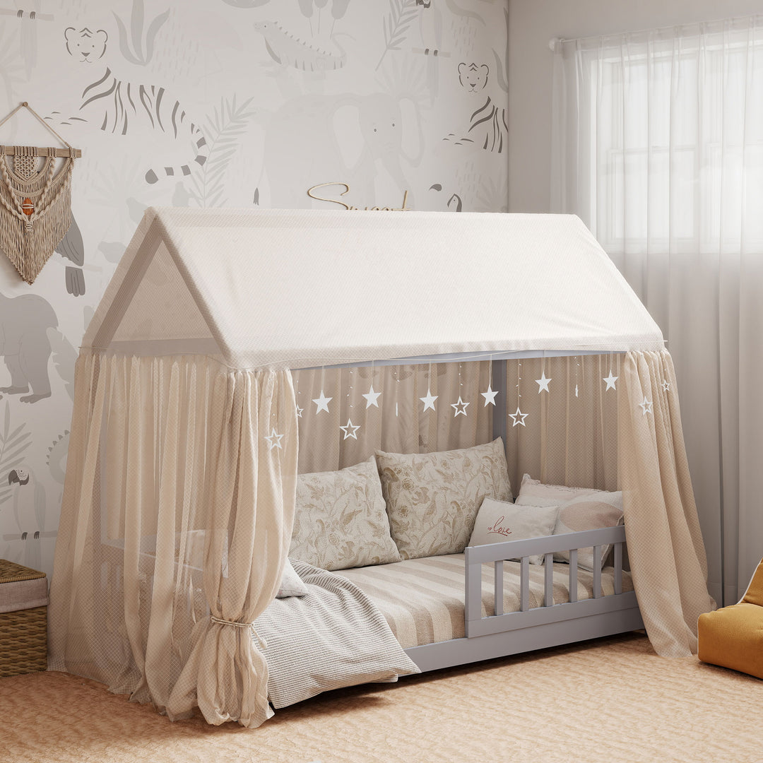 House-Shaped Kids Bed Frame with Guard Rails, Solid Pine Wood Single B