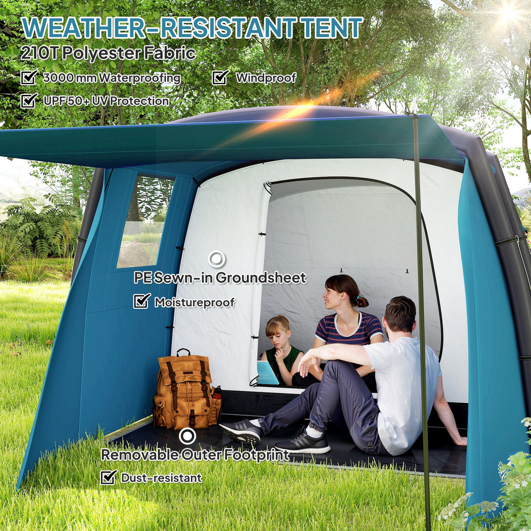 Inflatable 3-4 Man Tunnel Tent w/ Air Pump, Living Area & Vestibule, Waterproof Family Camping Air Tent w/ Sewn In Groundsheet & Removable Footprint for Camping, Hiking, Blue